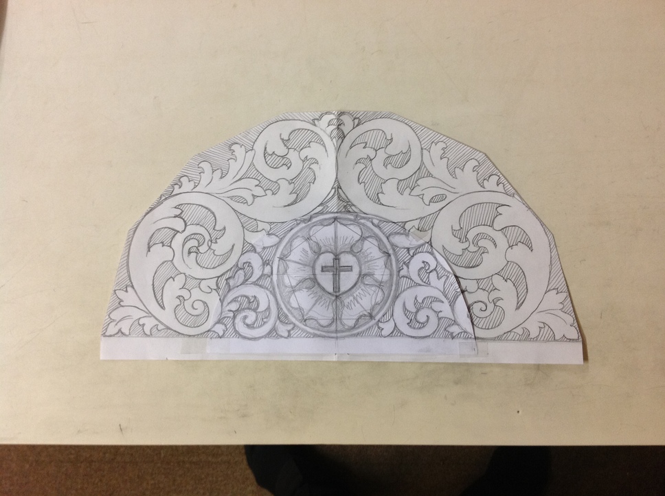 Ontwerptekening voor het snijwerk onderaan de torens, met Lutherroos